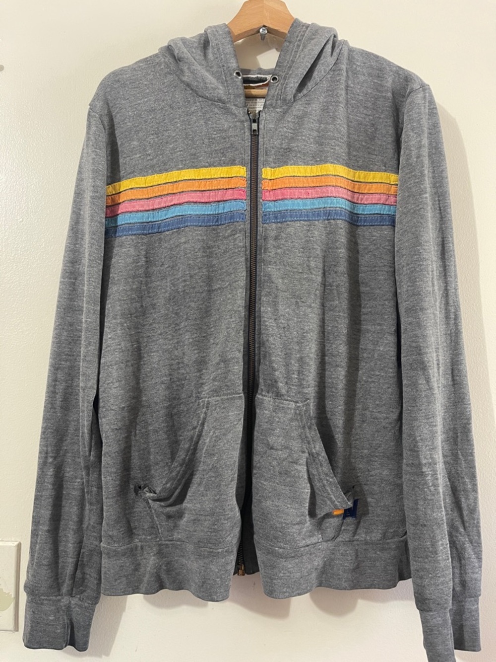 Aviator Nation Gray Hoodie with Yellow Pink Blue Chest Stripes